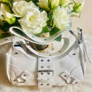 Women's Studded PU Leather Tote Handbag Adjustable Strap Boho Bags -White